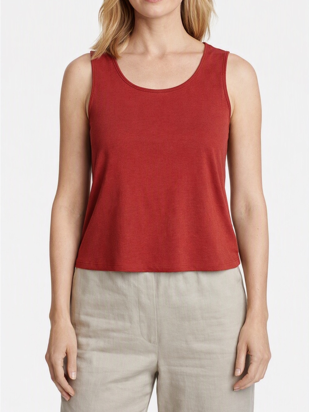 Eileen Fisher Red Rayon Lycra Tank Top Waist-Length Minimalist Style Rust Red